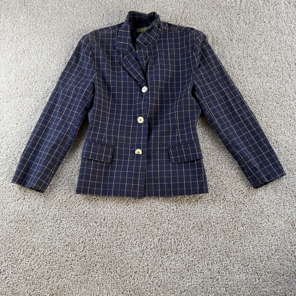 Esprit Blazer Jacket Womens M Blue Check Wool Blend Lined Workwear Office Career